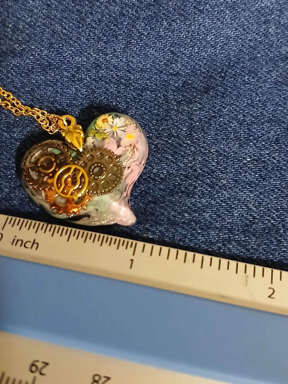 Gold-Tone Heart Pendant Necklace with Floral & Gear Accents - Pink/Gold
